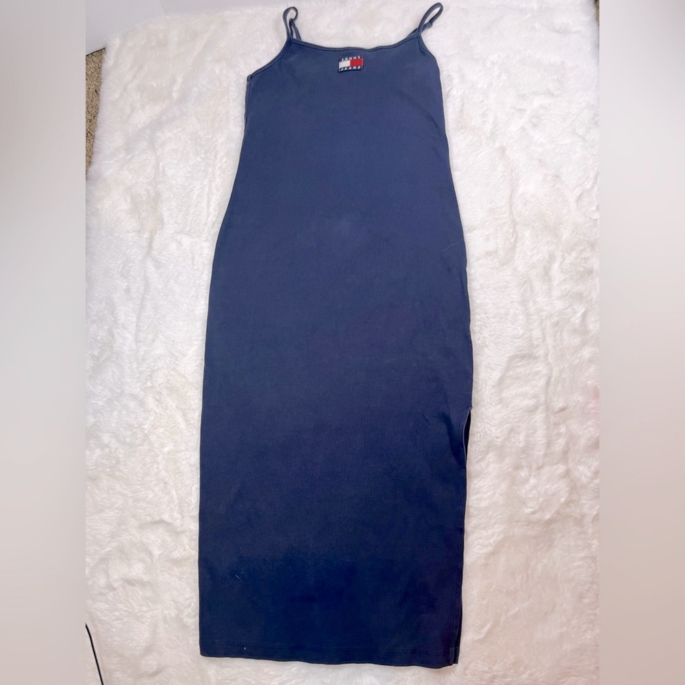 90’s/ Y2K Tommy Jeans Ribbed Maxi Dress With Logo Adjustable Straps Women’s Med